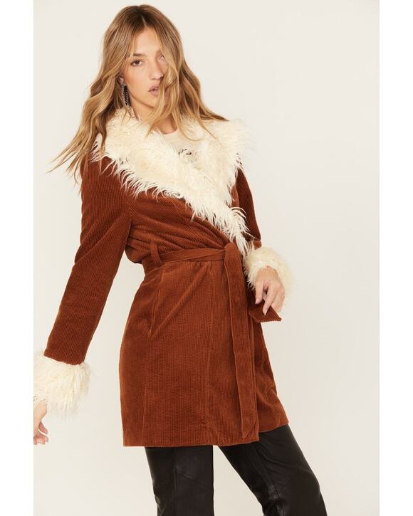 Show Me Your MuMu Jackets & Blazers - Show Me Your Mumu Penny Lane Coat Brown Corduroy Med Wrap Faux Fur Trim Hippie